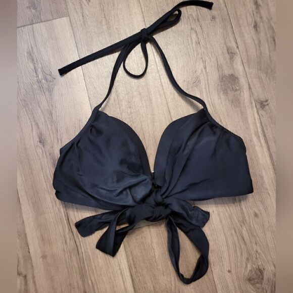 Victoria Secret Tie Front Halter Swimwear Bikini Top Black Size 32DD - Picture 1 of 6